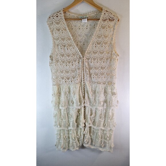 LADY NOIZ Crochet Lace Long Cardigan West Sz Large Ruffle Floral Boho Hippie Y2K - Picture 1 of 8
